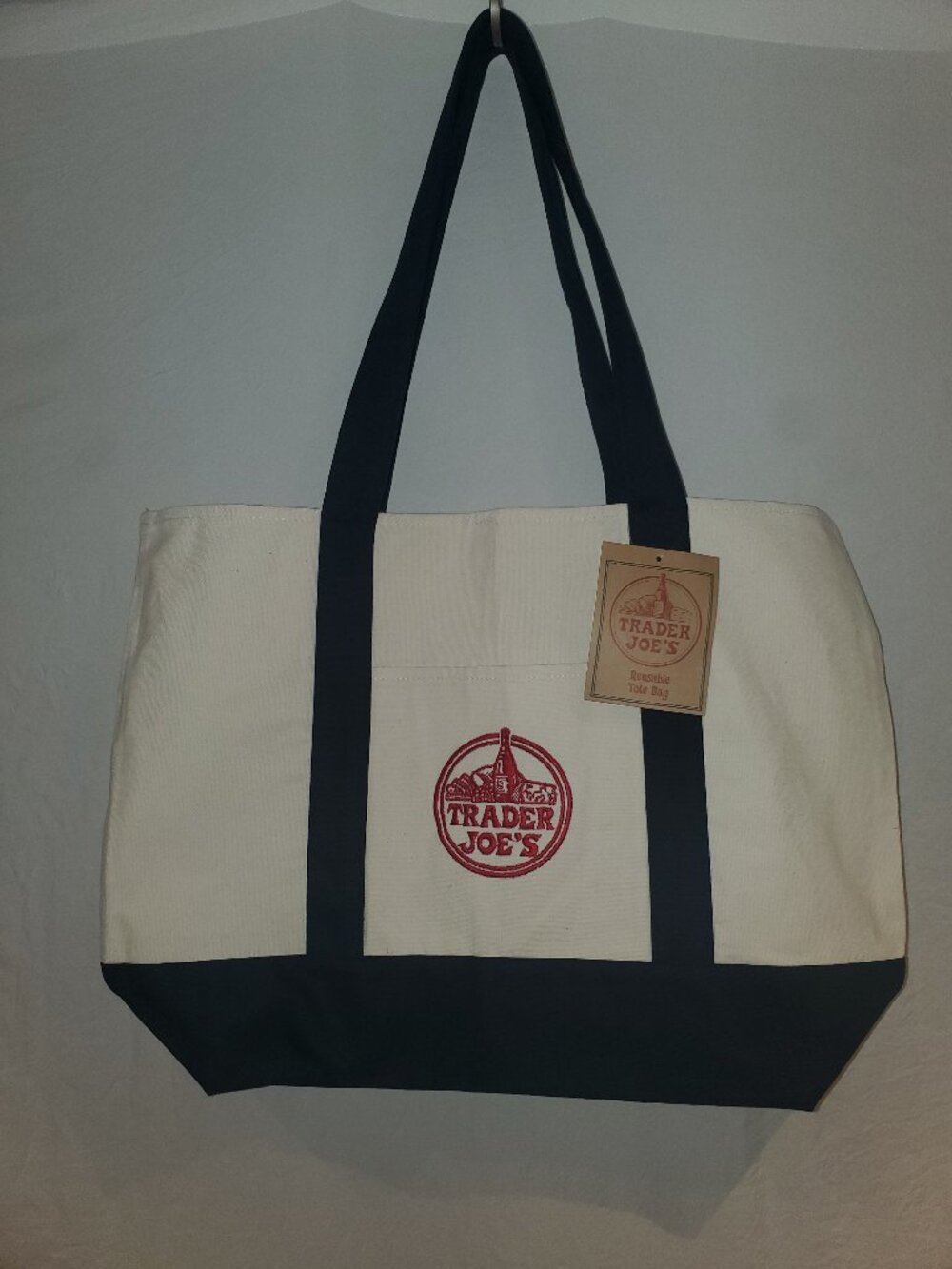 Trader Joe’s Cream Navy Red Logo Canvas Tote Bag
